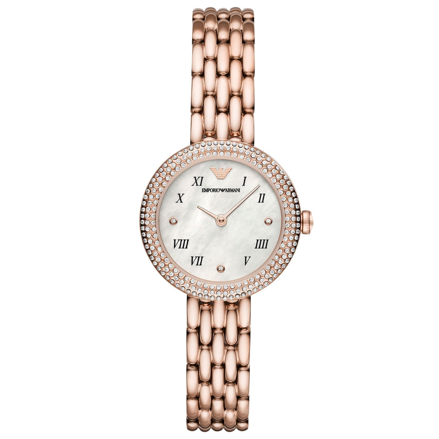 EMPORIO ARMANI MOD. AR11355 women's rose gold wristwatch with mother of pearl dial and quartz movement, 3 ATM water resistance.