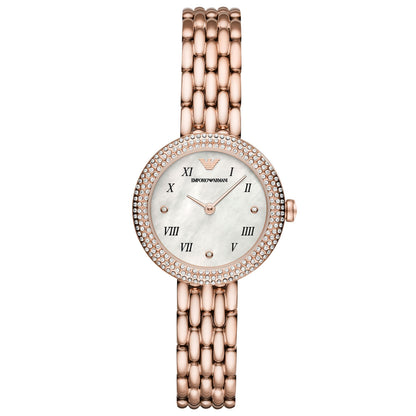 EMPORIO ARMANI MOD. AR11355 women's rose gold wristwatch with mother of pearl dial and quartz movement, 3 ATM water resistance.