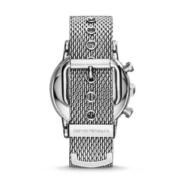 EMPORIO ARMANI MOD. AR1808 Gent's watch with stainless steel bracelet and chronograph quartz movement, rear view.