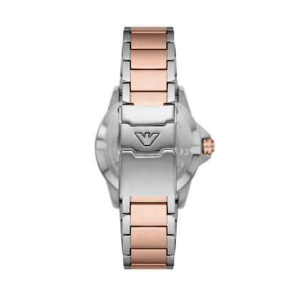 EMPORIO ARMANI Mod. WORLD EXPLORER - Diver GMT wristwatch with silver and rose gold bracelet, 42 mm case, in official packaging for gents.
