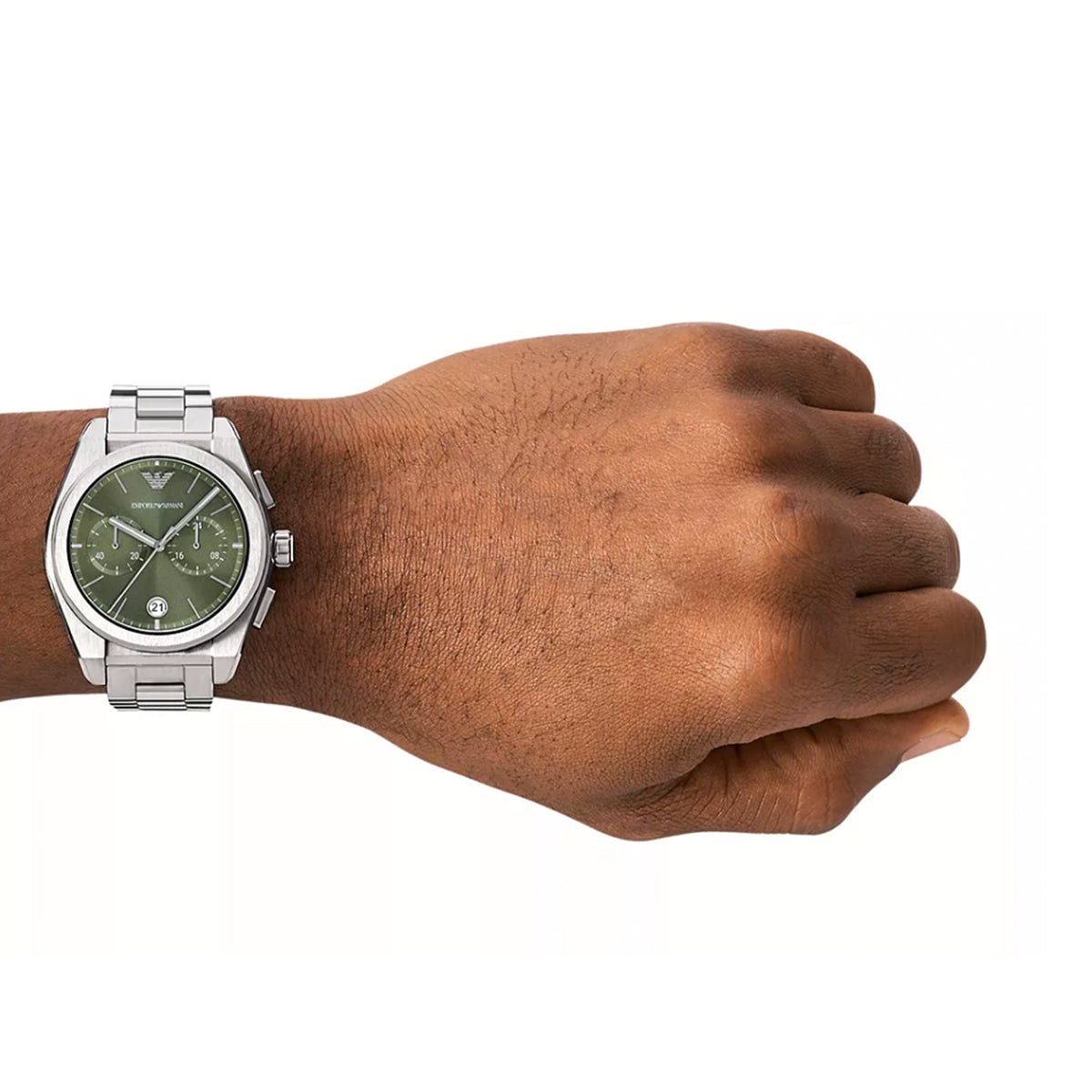Gent wearing EMPORIO ARMANI WATCHES Mod. AR11640 wristwatch with green dial and silver case, 43 mm, official box included.
