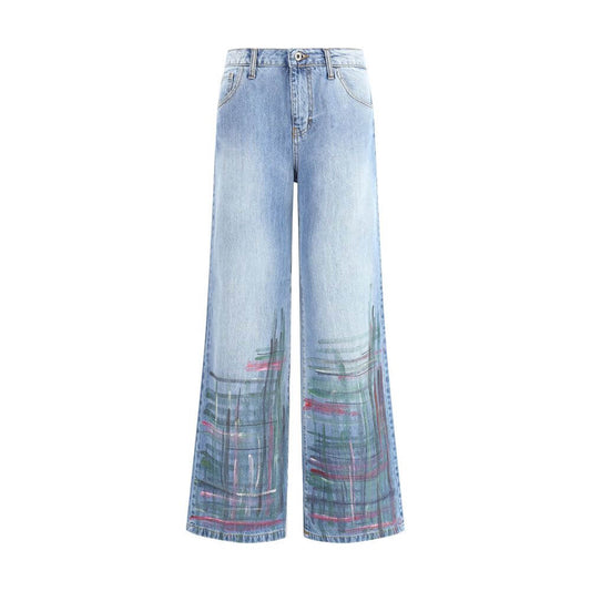 Ella Blue Cotton Jeans Denim with checked paint splatter, wide-leg, slim waist, five-pocket style, AW25, 100% cotton.