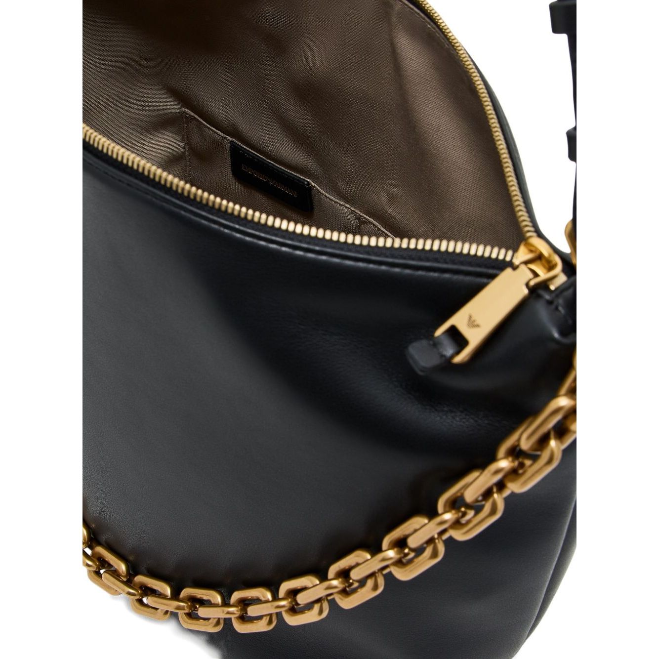 Emporio Armani Medium leather hobo bag with chain, black leather with gold-tone chain and zip fastening, interior view.
