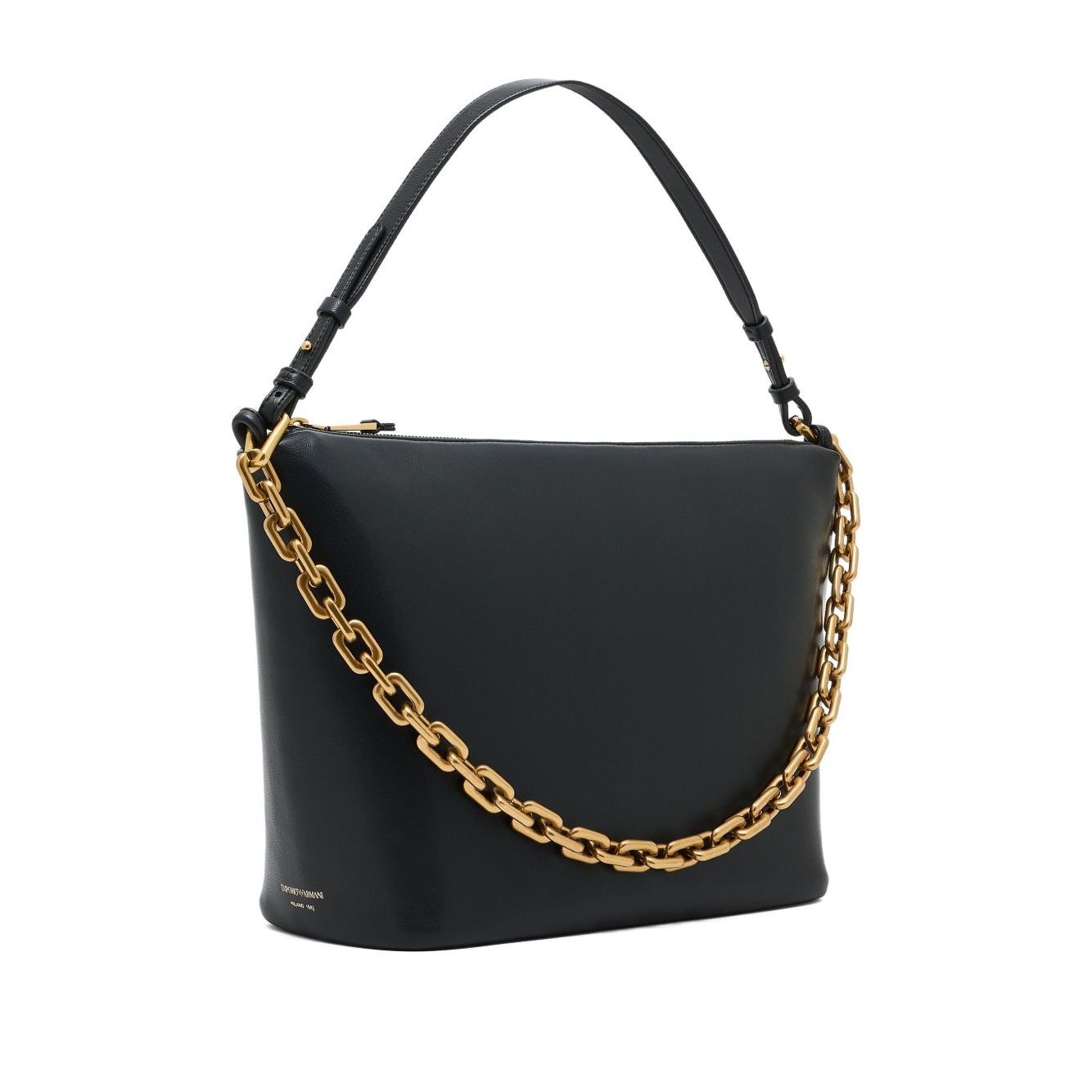 Emporio Armani Medium leather hobo bag with chain in black leather, features gold-tone chain detail, zip fastening, and top handle.