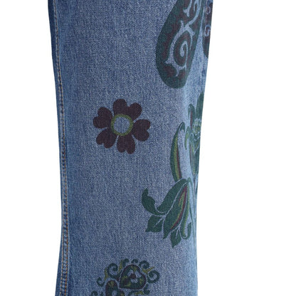 Etro Blue Cotton Flared Jeans with flower and bee print detail showcasing Paisley motifs on denim.