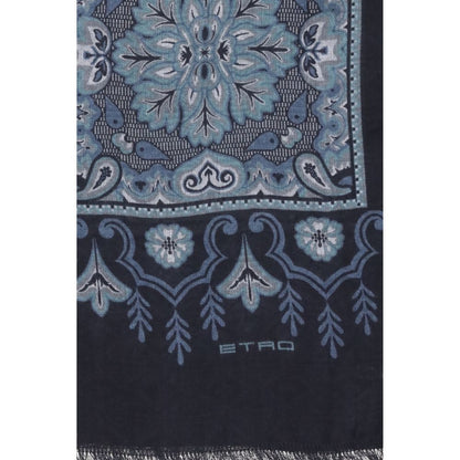 Etro Blue Modal Scarf with floral and geometric patterns, jacquard cotton blend, frayed edges, and embroidered logo, size 180×180.