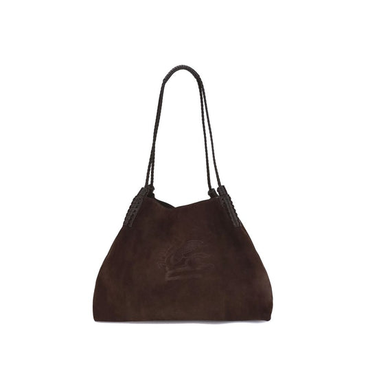 Etro Brown Calf Leather Bos Taurus Shoulder Bag with braided handles and Pegasus logo embroidery