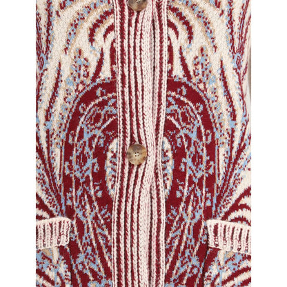 Close-up of Etro Multicolor Wool Cardigan featuring Paisley floral jacquard pattern with ribbed trim and brown buttons.