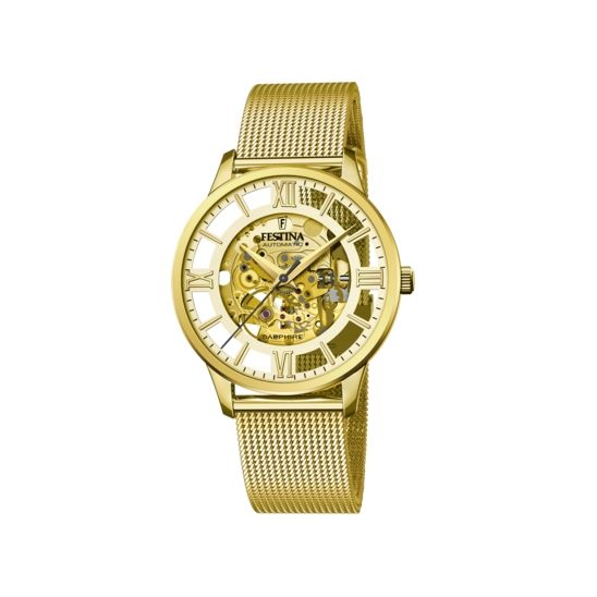FESTINA WATCHES Mod. F20667/1 featuring a gold skeleton dial and mesh band design for elegant style.