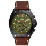FOSSIL Mod. PRIVATEER wristwatch with 5 ATM water resistance, 48mm SS IP black case, leather strap, quartz movement, and chronograph functions.