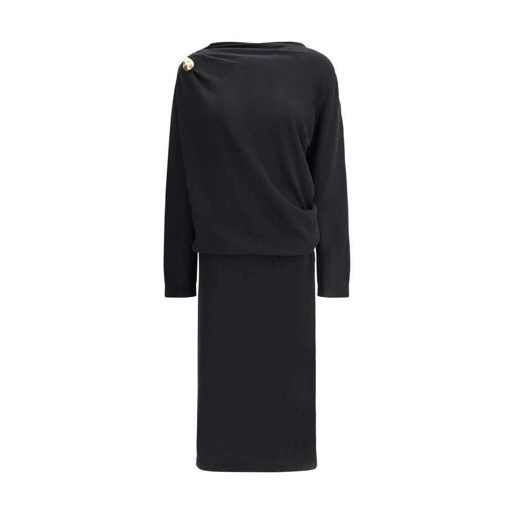 Fabiana Filippi Black Fleece Wool Casual Dress with gold button detail, elegant women's long dress with ribbed cuffs.