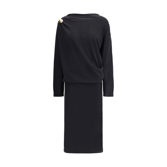 Fabiana Filippi Black Fleece Wool Casual Dress with gold button detail, elegant women's long dress with ribbed cuffs.