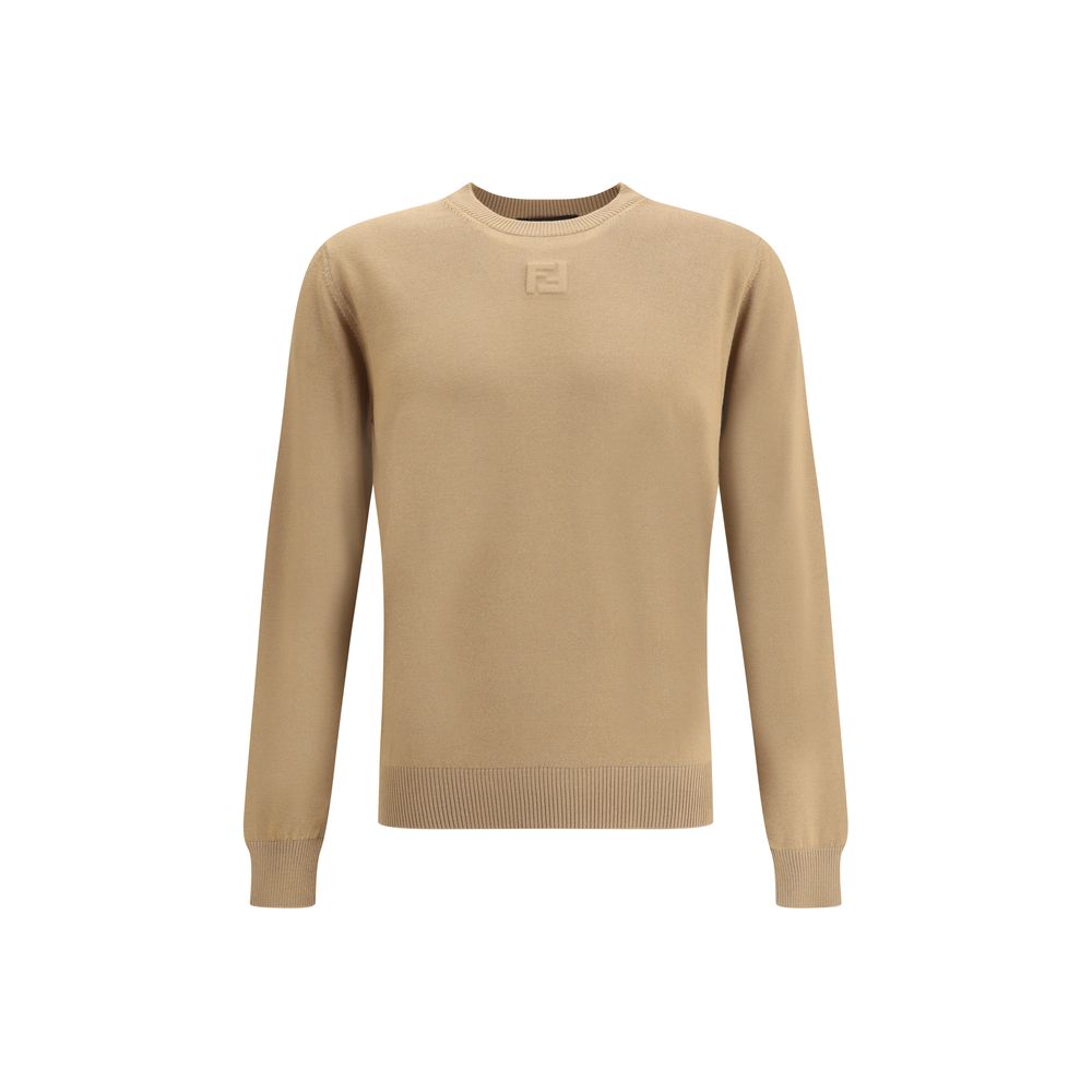 Fendi Beige Fleece Wool Sweatshirt with ribbed crew neck, hem, and cuffs, featuring a subtle tone-on-tone logo for a timeless look.
