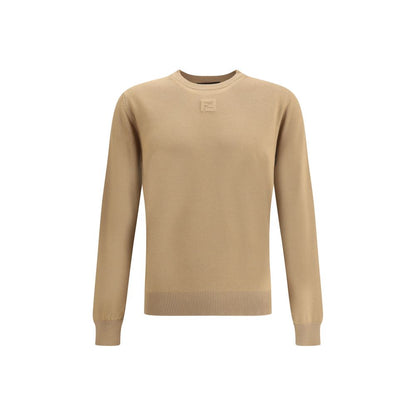 Fendi Beige Fleece Wool Sweatshirt with ribbed crew neck, hem, and cuffs, featuring a subtle tone-on-tone logo for a timeless look.