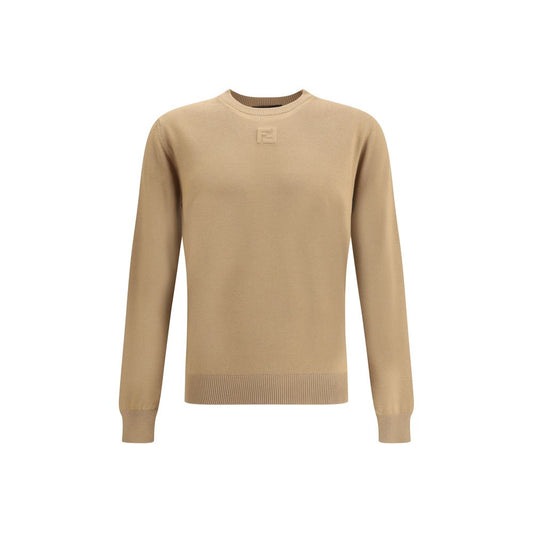 Fendi Beige Fleece Wool Sweatshirt with ribbed crew neck, hem, and cuffs, featuring a subtle tone-on-tone logo for a timeless look.