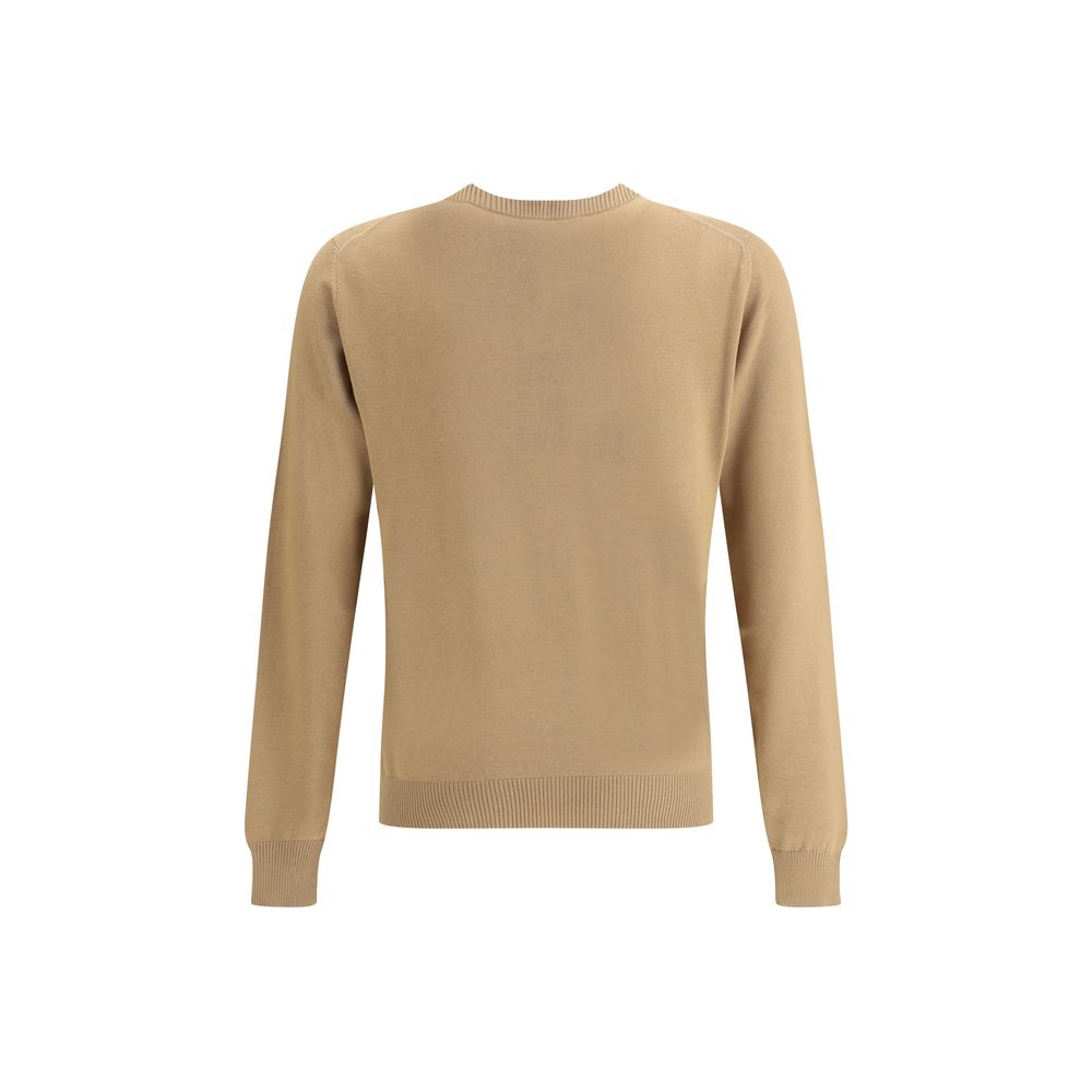 Fendi Beige Fleece Wool Sweatshirt back view showcasing ribbed detailing on hem and cuffs, elegant tone-on-tone logo for a classic style.