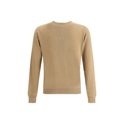 Fendi Beige Fleece Wool Sweatshirt back view showcasing ribbed detailing on hem and cuffs, elegant tone-on-tone logo for a classic style.