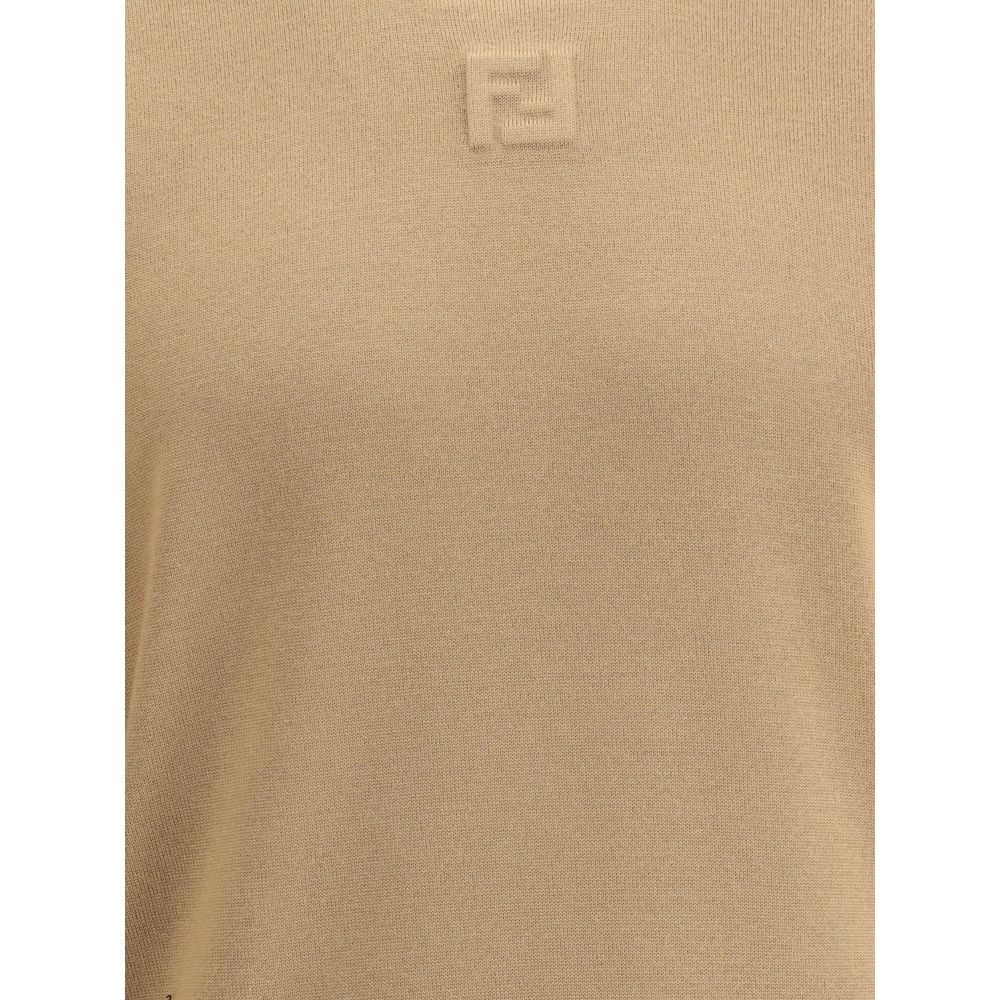 Fendi Beige Fleece Wool Sweatshirt with ribbed crew neck, hem, cuffs, and iconic logo on front