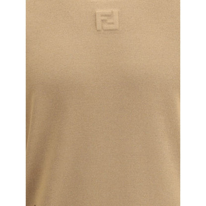 Fendi Beige Fleece Wool Sweatshirt with ribbed crew neck, hem, cuffs, and iconic logo on front