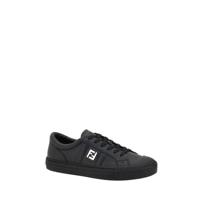 Fendi Black Calf Leather Bos Taurus Athletic Sneakers with lace-up closure and logo detail on side
