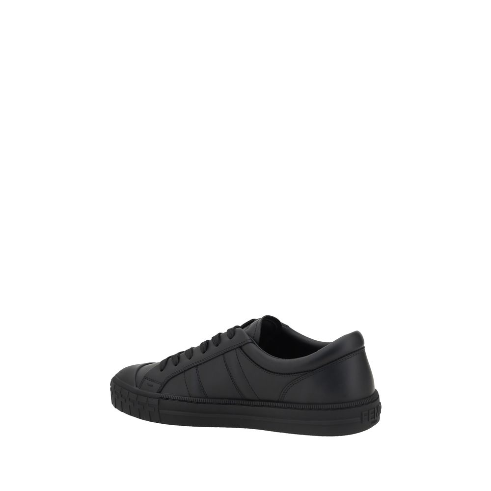 Fendi Black Calf Leather Bos Taurus Athletic Sneakers with lace-up closure and flat sole.