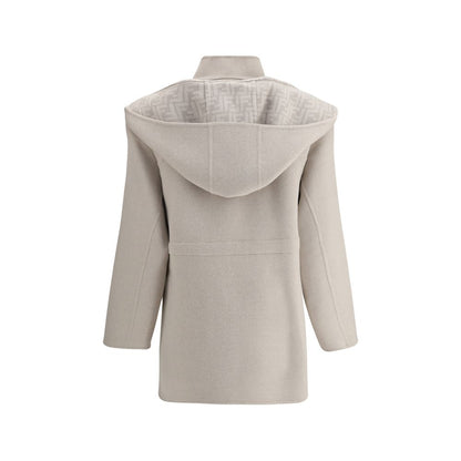 Back view of Fendi Cream Wool Coat with removable hood, showcasing its design ideal for winter fashion.
