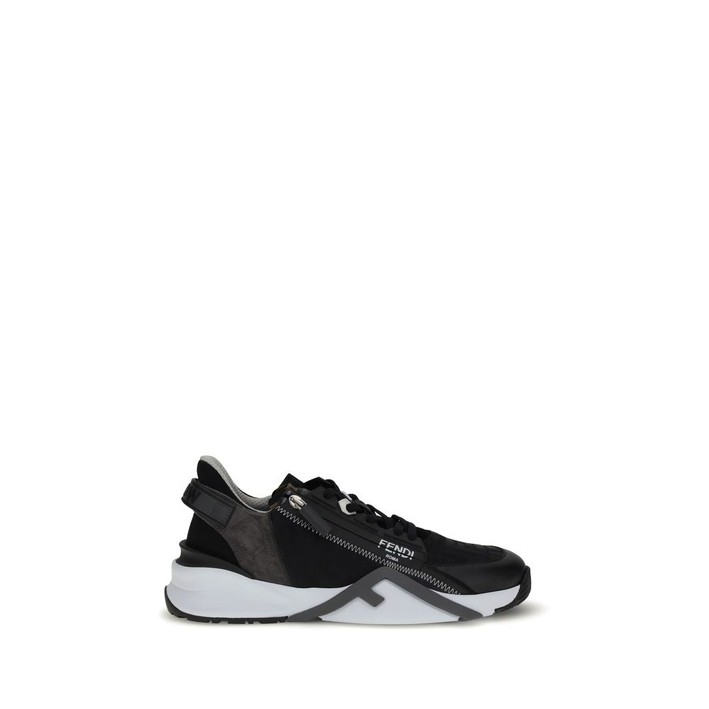 Fendi Gray Calf Leather Bos Taurus Athletic Sneakers with black nylon and leather details, featuring a unique wavy rubber sole design.