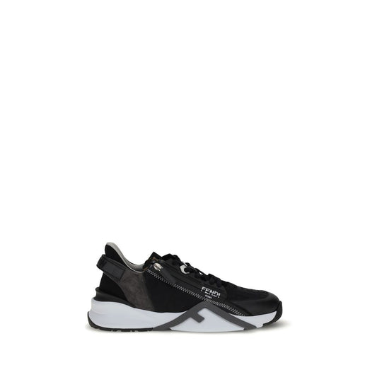 Fendi Gray Calf Leather Bos Taurus Athletic Sneakers with black nylon and leather details, featuring a unique wavy rubber sole design.