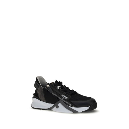 Fendi Gray Calf Leather Bos Taurus Athletic Sneakers with black FF jacquard nylon, gray suede, and wavy white rubber sole.
