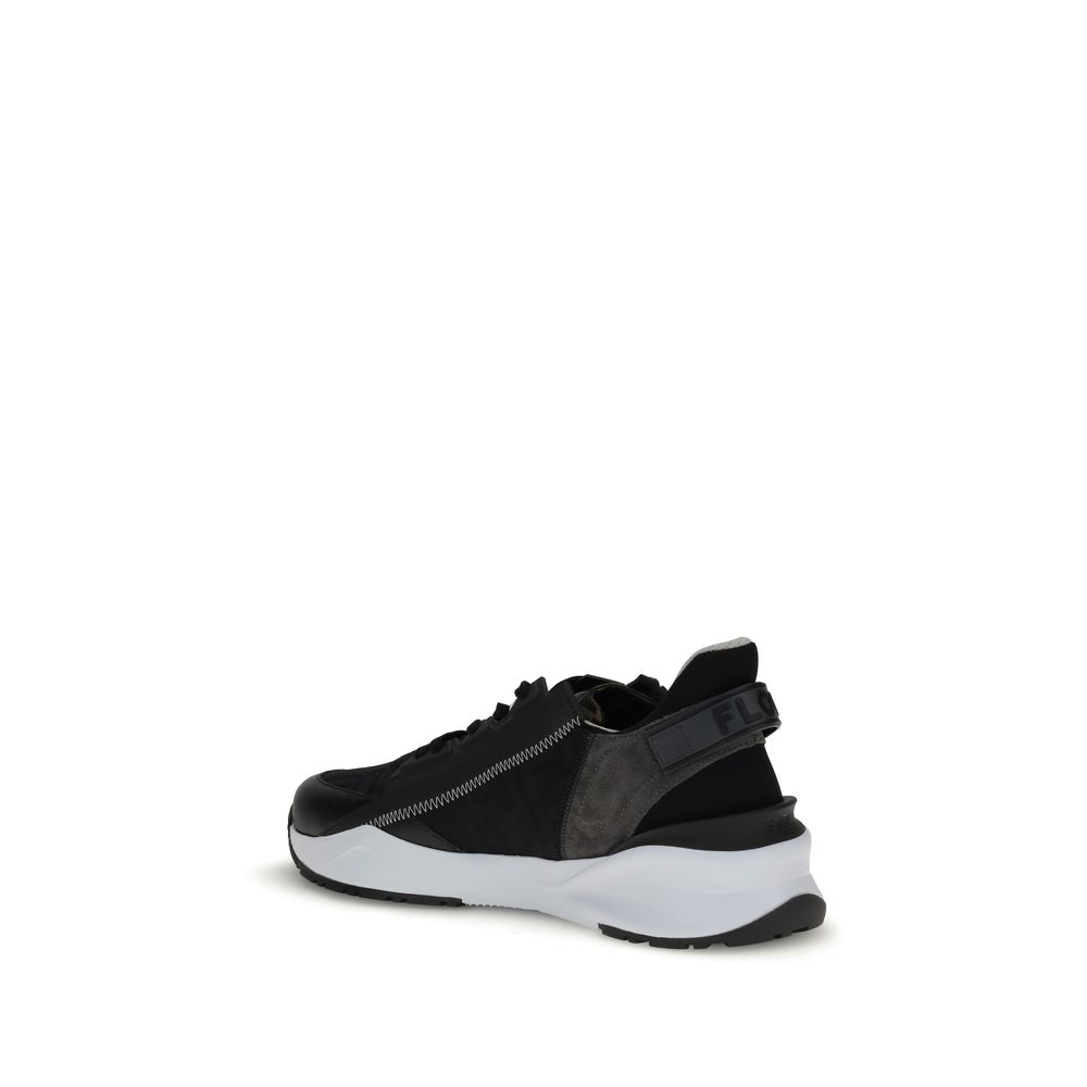 Fendi Gray Calf Leather Bos Taurus Athletic Sneakers with FF jacquard nylon, black leather, and gray suede details on wavy rubber sole.
