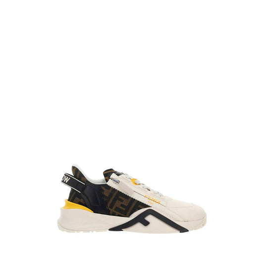 Fendi White Calf Leather Bos Taurus Athletic Sneakers with structured heel and tone-on-tone engraved logo, modern and dynamic design.