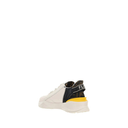 Fendi White Calf Leather Bos Taurus Athletic Sneakers, side view showing structured heel and engraved logo detail.
