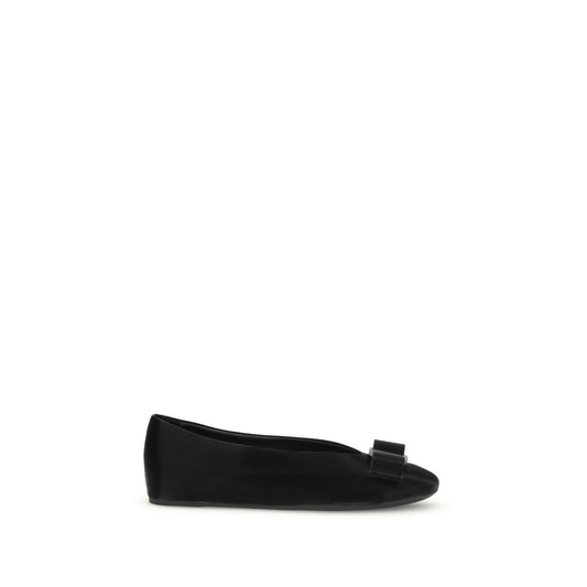 Ferragamo Black Calf Leather Bos Taurus Ballet Flats with Vara bow design and versatile styling features.