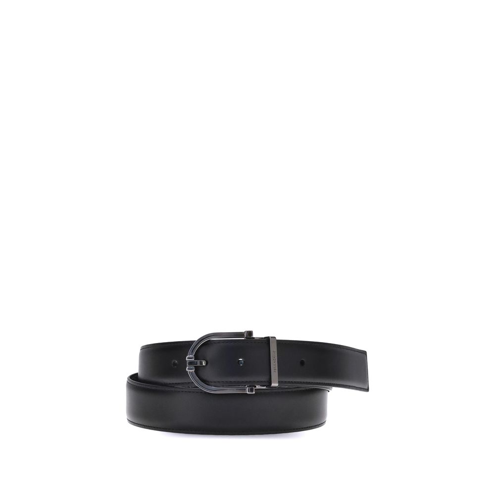 Ferragamo Black Calf Leather Bos Taurus Belt with reversible design and geometric buckle.