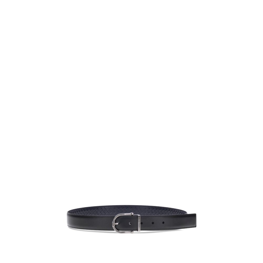 Ferragamo Black Calf Leather Bos Taurus Belt with reversible design and geometric buckle.