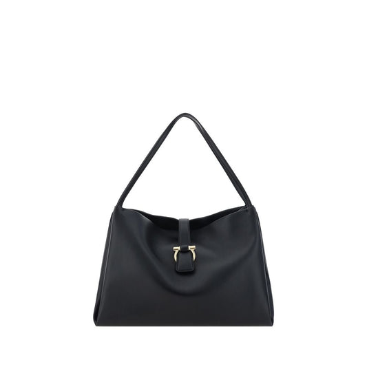 Ferragamo Black Calf Leather Bos Taurus Handbag with grained leather, iconic logo, double handles, and magnetic closure.