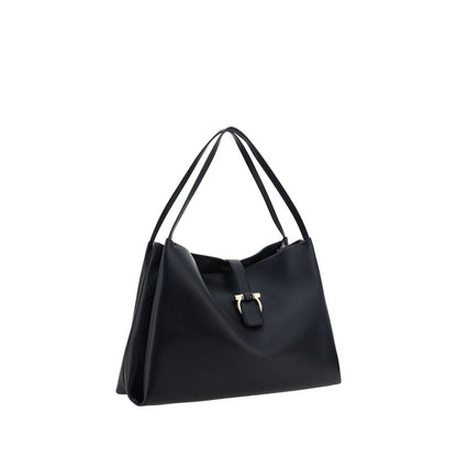 Ferragamo Black Calf Leather Bos Taurus Handbag with double handles, magnetic closure, and grained leather design.