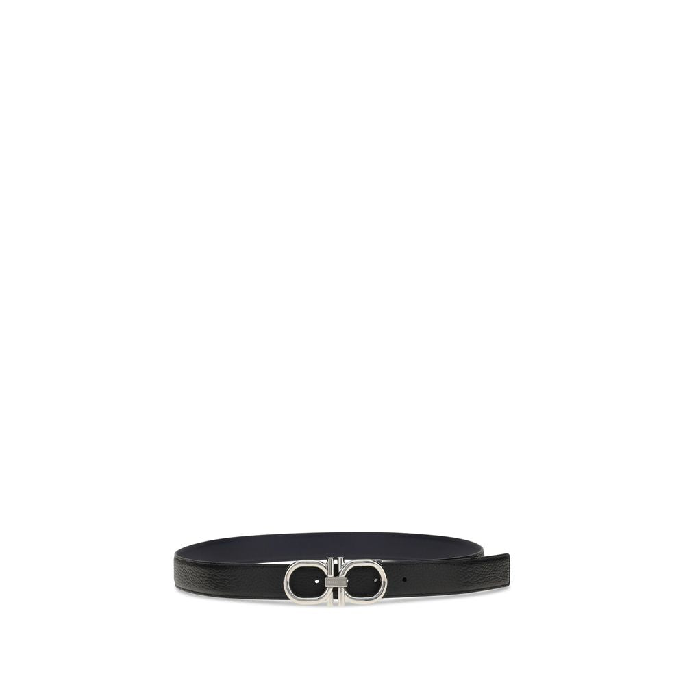 Ferragamo Black Calf Leather Bos Taurus Regular Belt with double Gancini buckle and engraved plaque, adjustable in length.