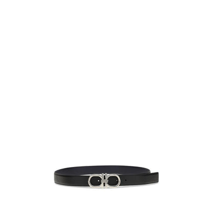 Ferragamo Black Calf Leather Bos Taurus Regular Belt with double Gancini buckle and engraved plaque, adjustable in length.