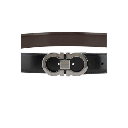 Ferragamo Black Calf Leather Bos Taurus Regular Belt with iconic Gancini buckle, reversible design for versatile style, 3 cm thick.