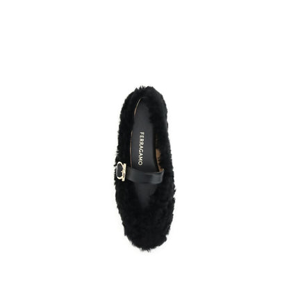 Ferragamo Black Fur Ballet Flats with Gancini buckle and curly shearling lining