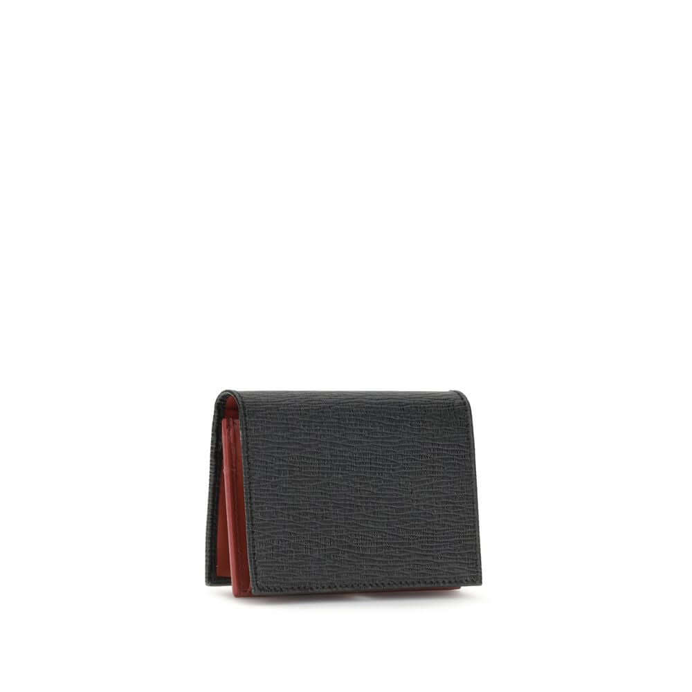 Ferragamo Black Leather Wallet - Gancini card holder with red interior and logo, featuring multiple compartments for cards and coins.