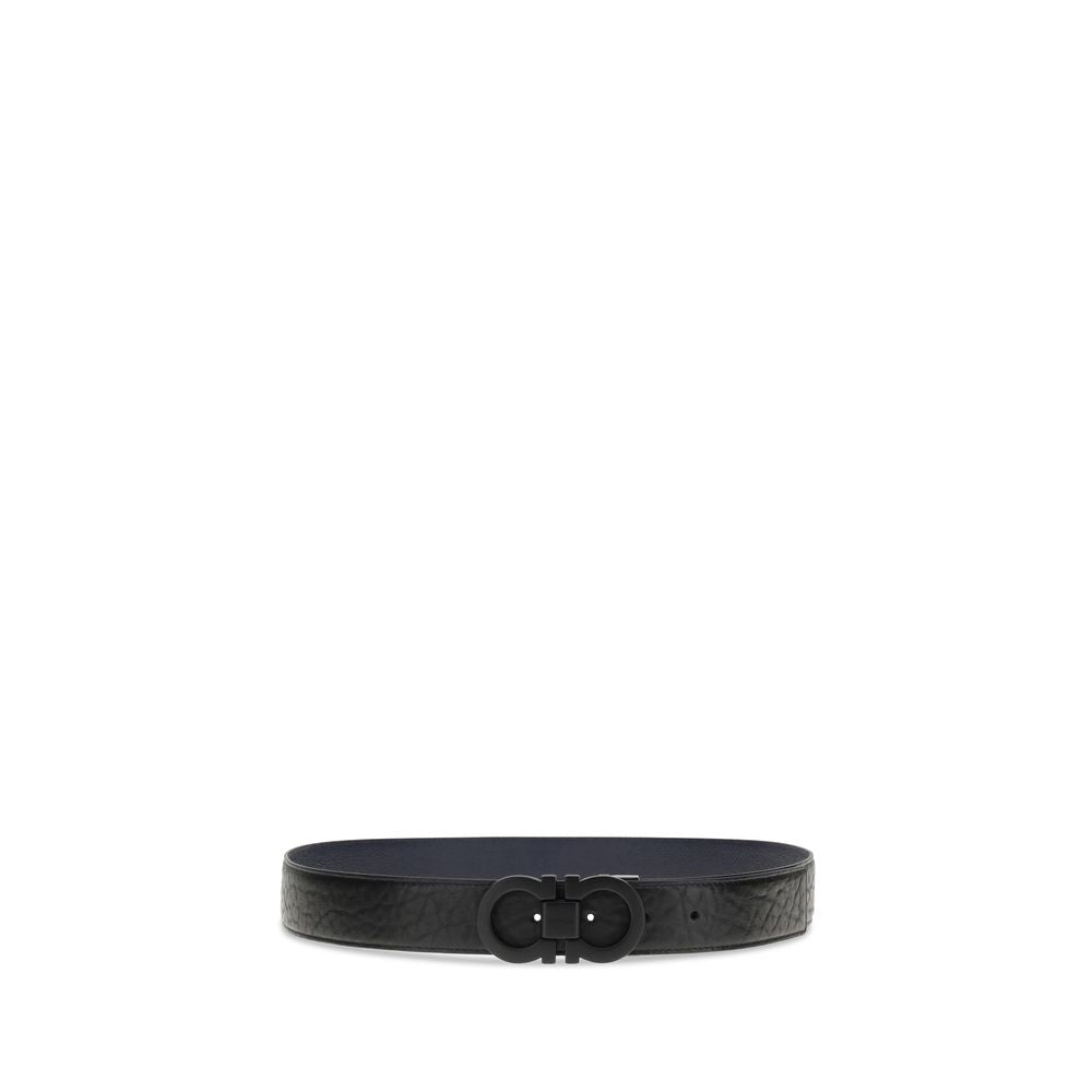 Ferragamo Blue Calf Leather Bos Taurus Belt with black-finish buckle and stylized double Gancini, reversible and adjustable for elegant style.