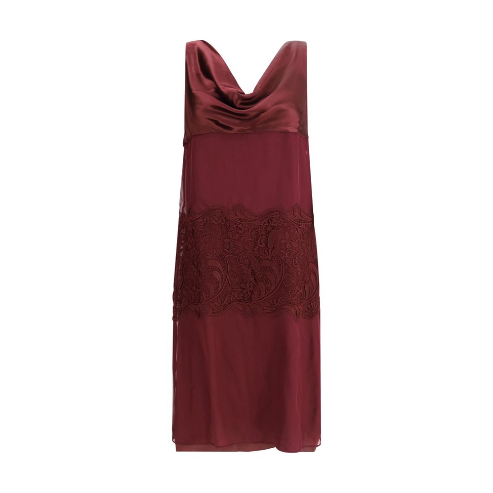 Ferragamo Bordeaux Silk Cocktail Dress with draped neckline and elegant embroidery, showcasing 1920s inspired sophistication in satin and chiffon.