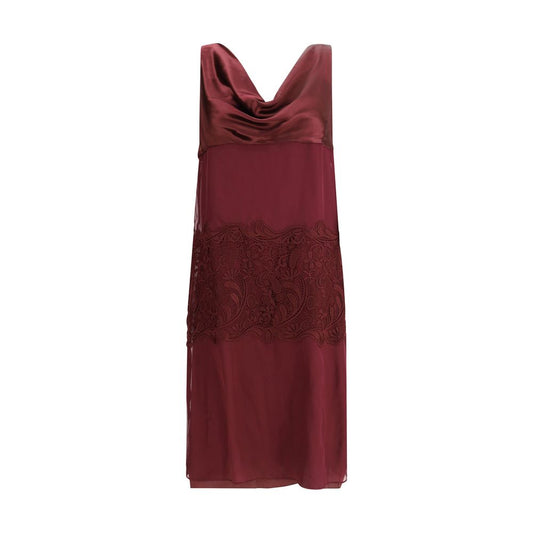 Ferragamo Bordeaux Silk Cocktail Dress with draped neckline and elegant embroidery, showcasing 1920s inspired sophistication in satin and chiffon.