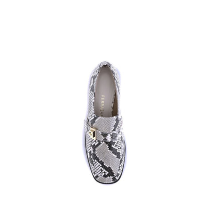 Ferragamo Multicolor Goatskin Slip-On Loafers with python print leather and golden metal detail on a white background.