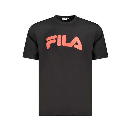 Fila Black Cotton Men T-Shirt with red logo, premium 100% cotton, loose fit for casual urban style, bold and trendy black tee.