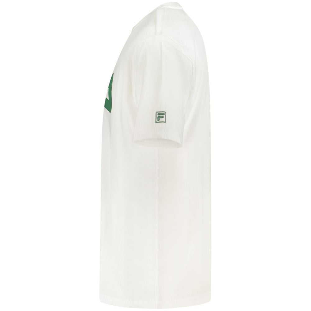 Fila White Cotton Men T-Shirt with green logo on side view, showcasing breathable cotton fabric and casual loose-fit design.