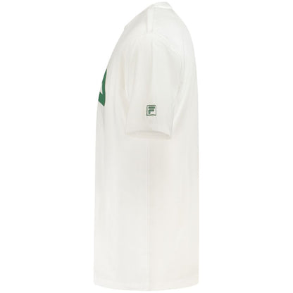Fila White Cotton Men T-Shirt with green logo on side view, showcasing breathable cotton fabric and casual loose-fit design.