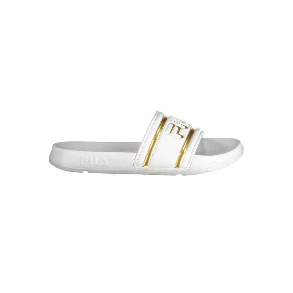 Fila White Polyethylene Sandal with gold logo and contrasting details, Morro Bay style slipper, side view.